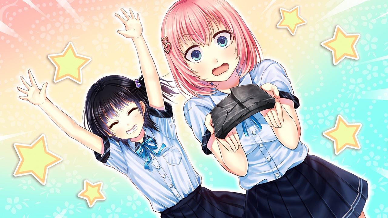 2girls, ayame_no_machi_to_ohimesama, black_hair, blue_eyes, game_cg, kazuharu_kina, more_(company), pink_hair