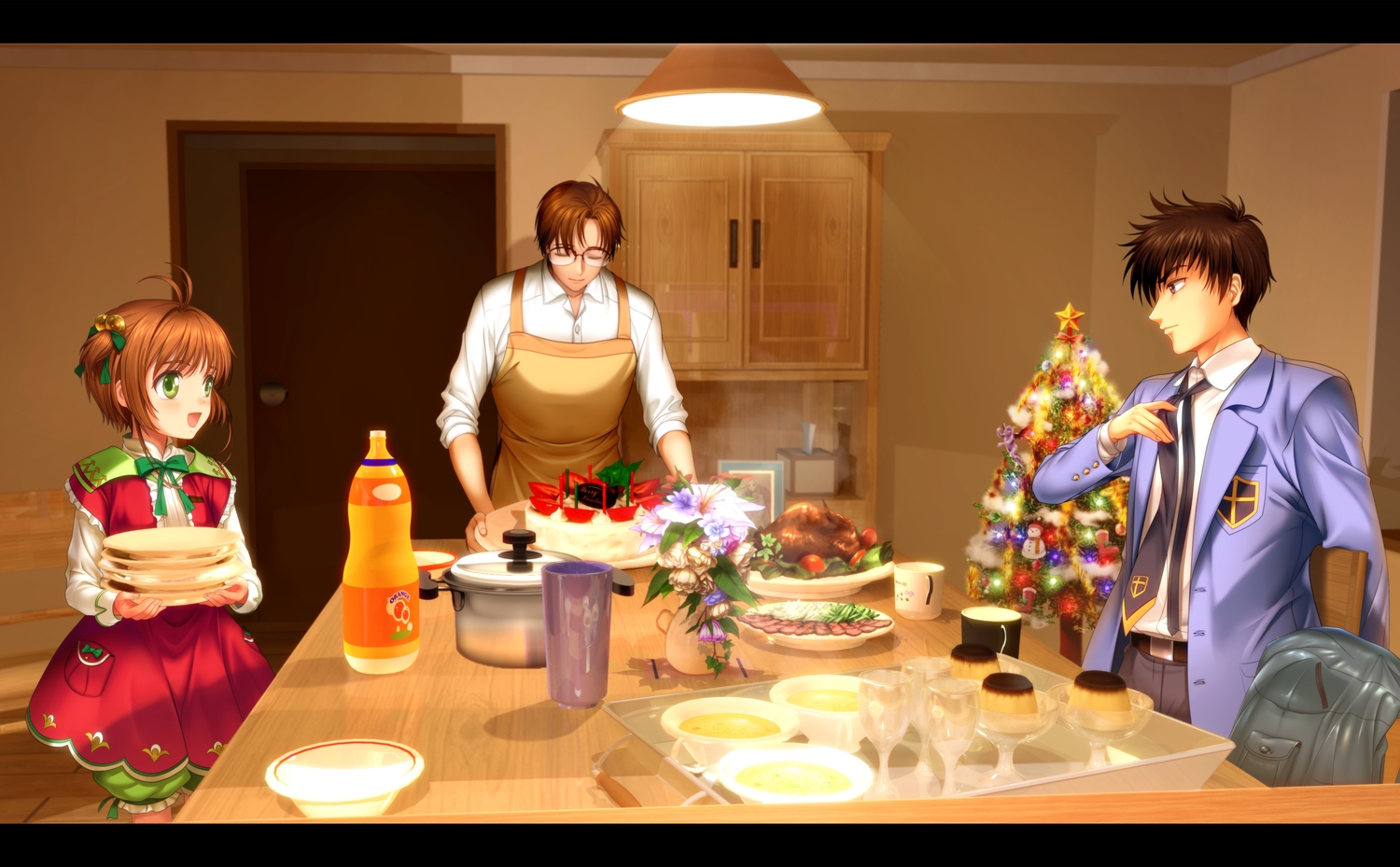 black_eyes, black_hair, brown_hair, card_captor_sakura, christmas, flowers, food, glasses
