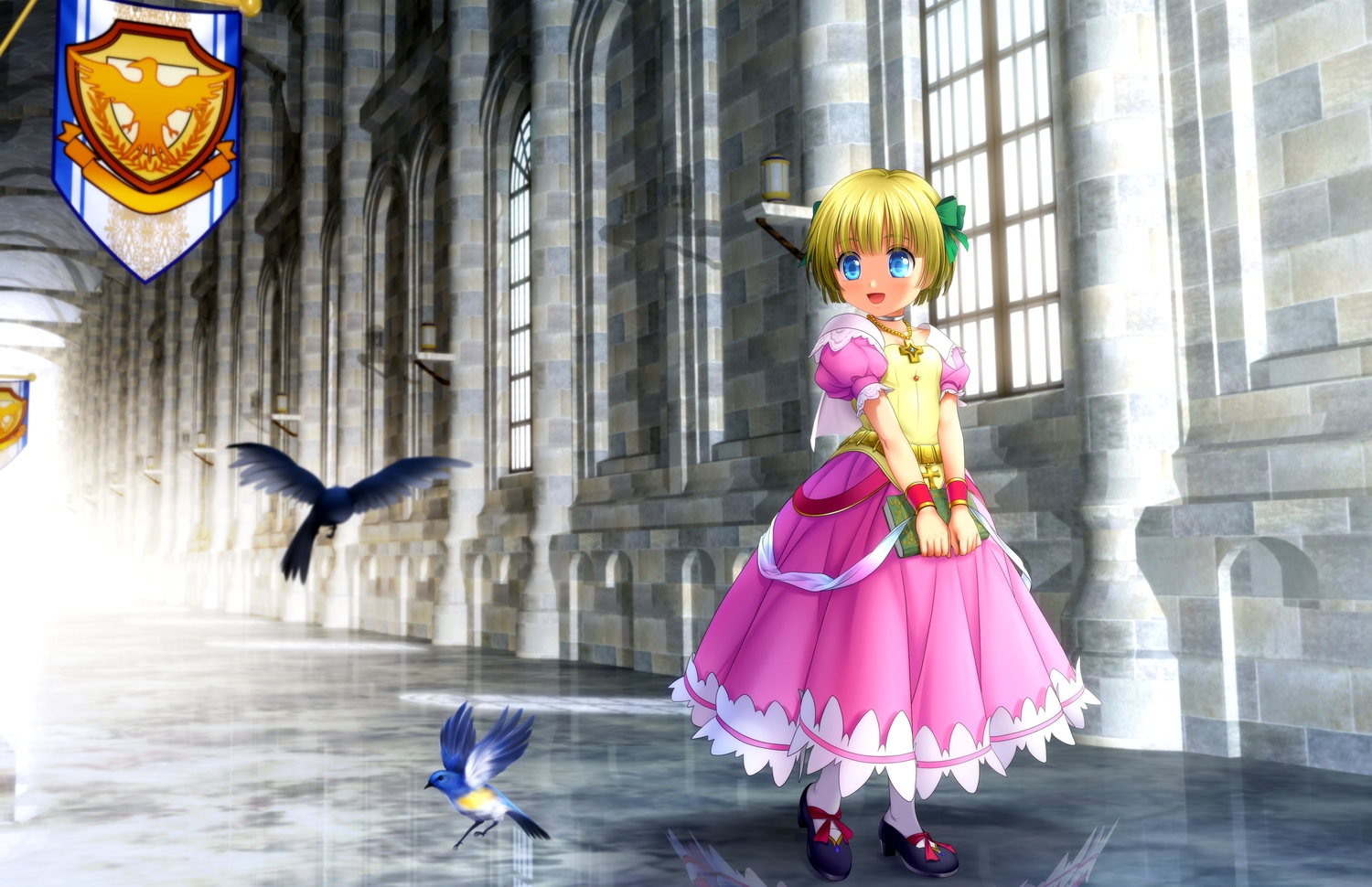 animal, bianca's_daughter, bird, blonde_hair, blue_eyes, dragon_quest, dress, loli