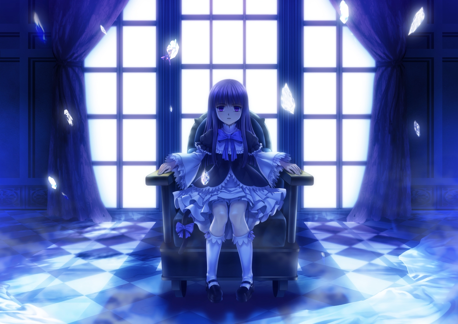 blue, frederica_bernkastel, goth-loli, kneehighs, lolita_fashion, monochrome, moonknives, umineko_no_naku_koro_ni