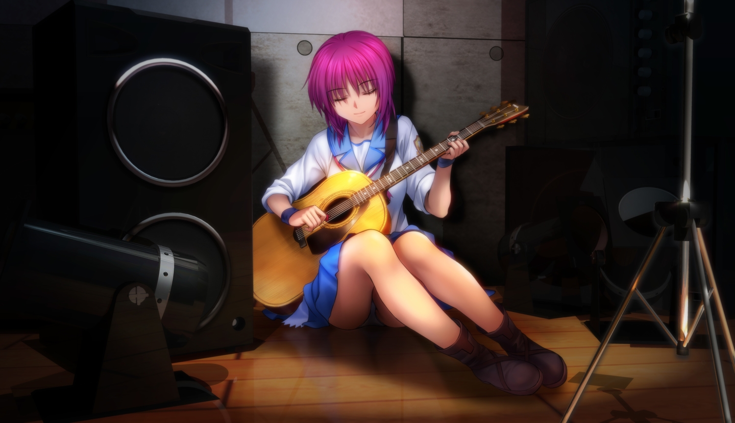 angel_beats!, boots, guitar, instrument, iwasawa_masami, key, moonknives, panties, pink_hair, school_uniform, short_hair, skirt, underwear, visualart