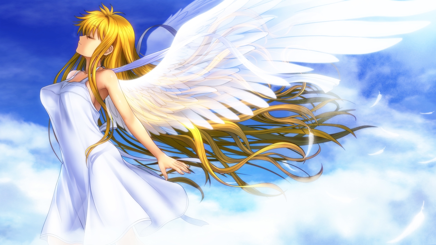 air, angel, blonde_hair, clouds, dress, kamio_misuzu, long_hair, moonknives