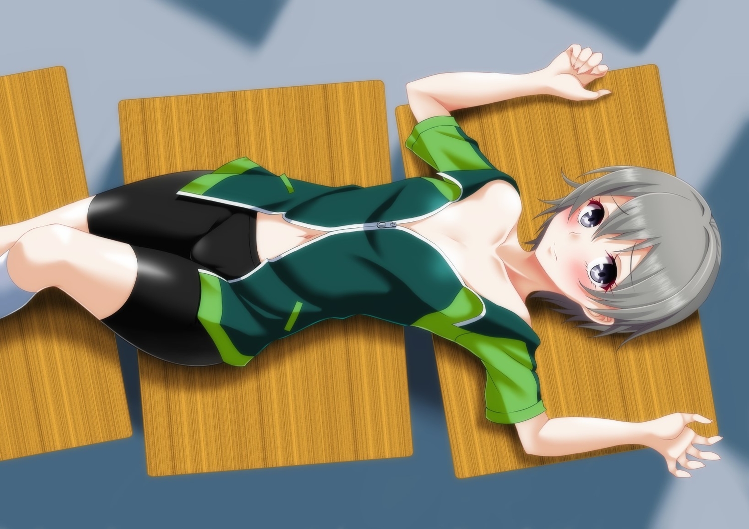 all_male, bike_shorts, blush, gray_eyes, gray_hair, kaze_makase, kneehighs, male, navel, short_hair, shorts, totsuka_saika, yahari_ore_no_seishun_love_come_wa_machigatteiru.