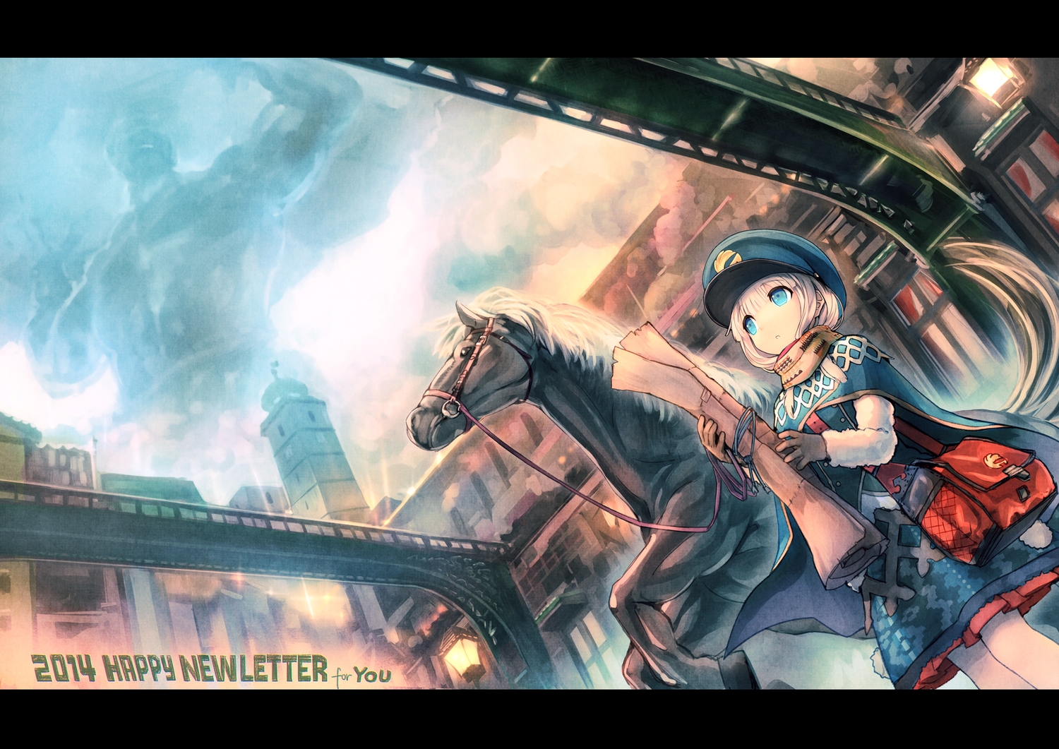 animal, blue_eyes, building, cape, dress, gloves, hat, horse