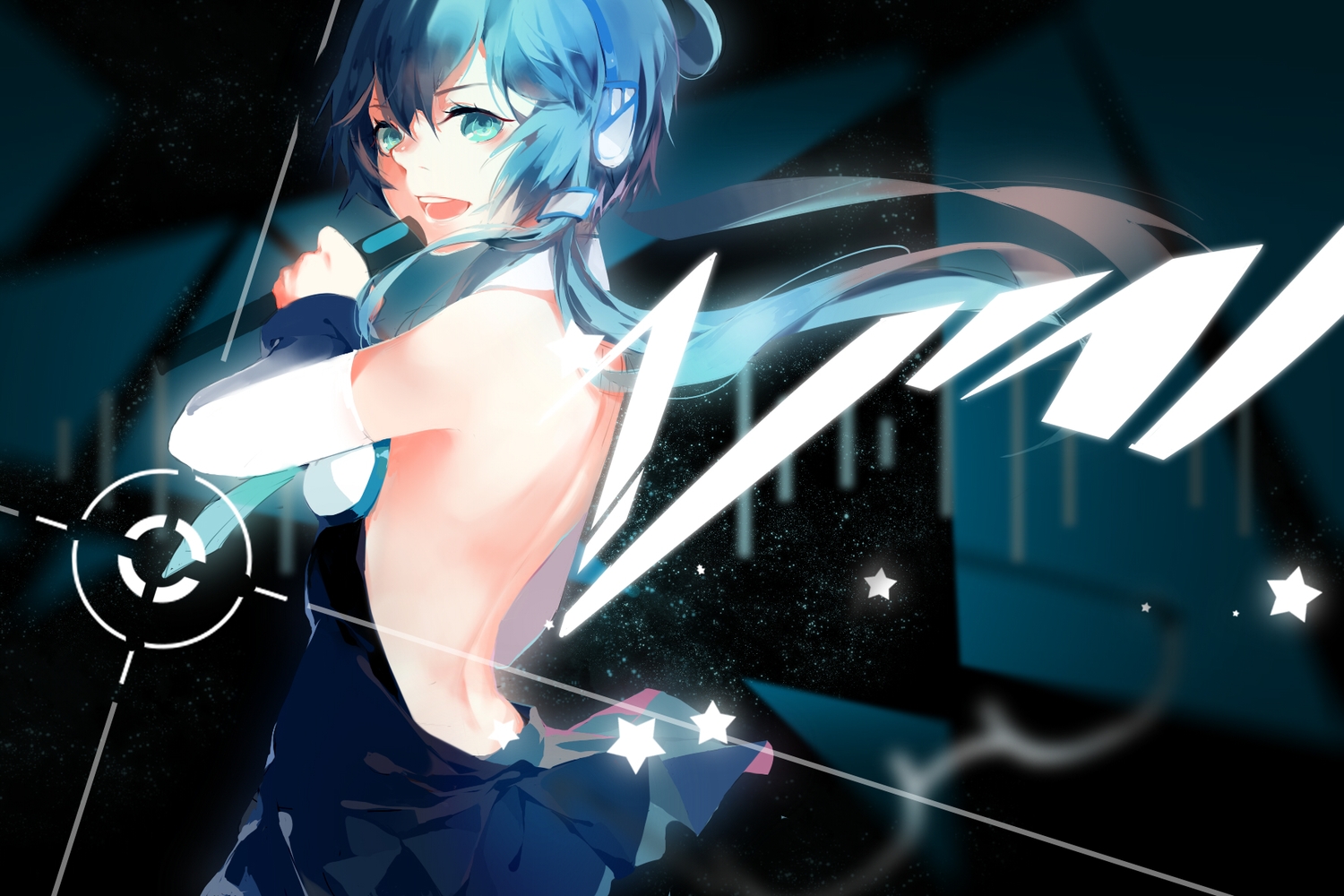 aqua_eyes, blue_hair, dress, gkun_(aloing), headphones, long_hair, luo_tianyi, microphone, stars, twintails, vocaloid, vsinger