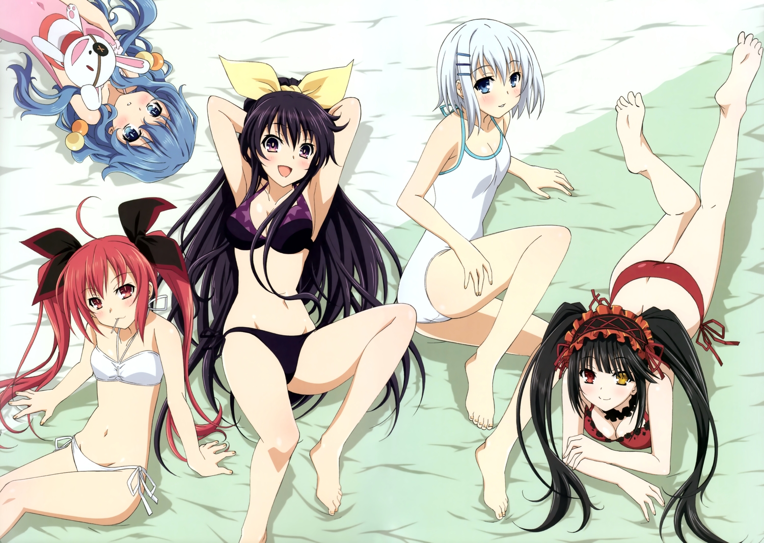 bicolored_eyes, bikini, date_a_live, habe_takashi, itsuka_kotori, swimsuit, tobiichi_origami, tokisaki_kurumi, yatogami_tohka, yoshino_(date_a_live), yoshinon_(date_a_live)