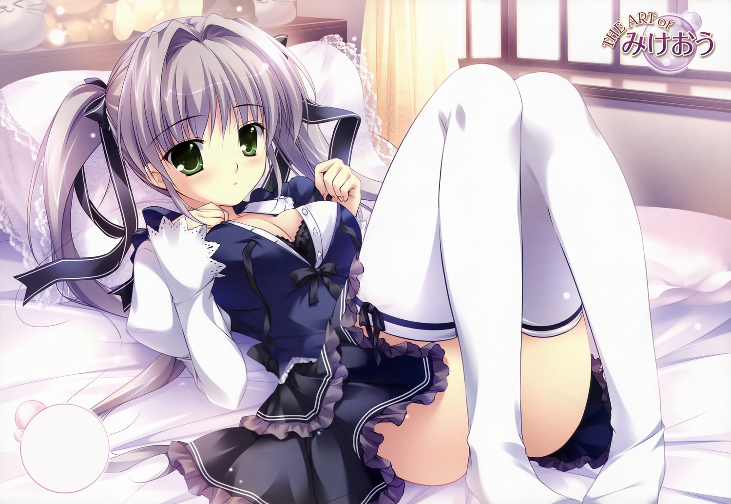 bed, blush, dengeki_moeoh, gray_hair, kotono_yuuri, mikeou, root√double_-before_crime＊after_days-, thighhighs, twintails