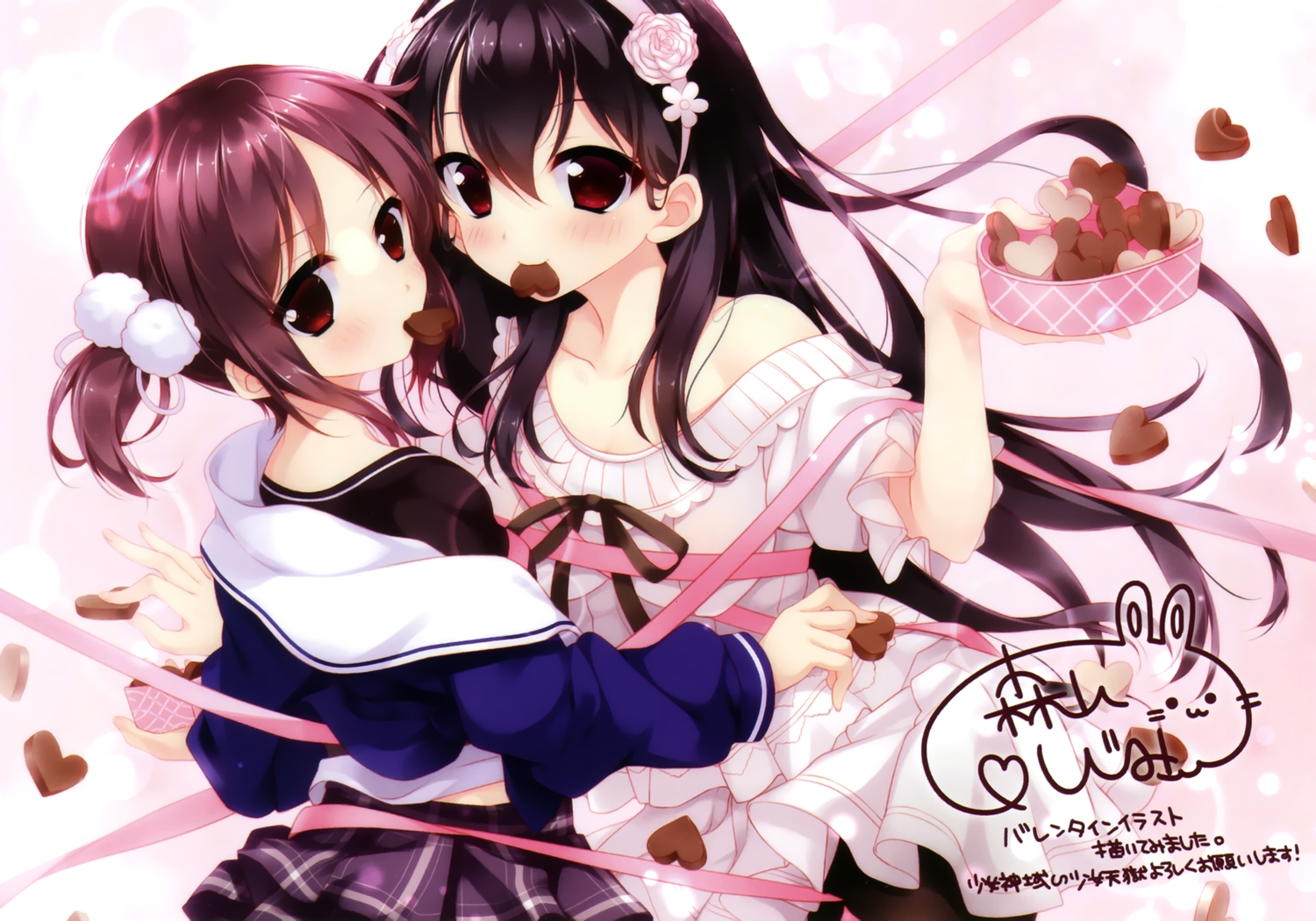 2girls, blush, breasts, candy, chocolate, cleavage, lass, okushiro_yuki
