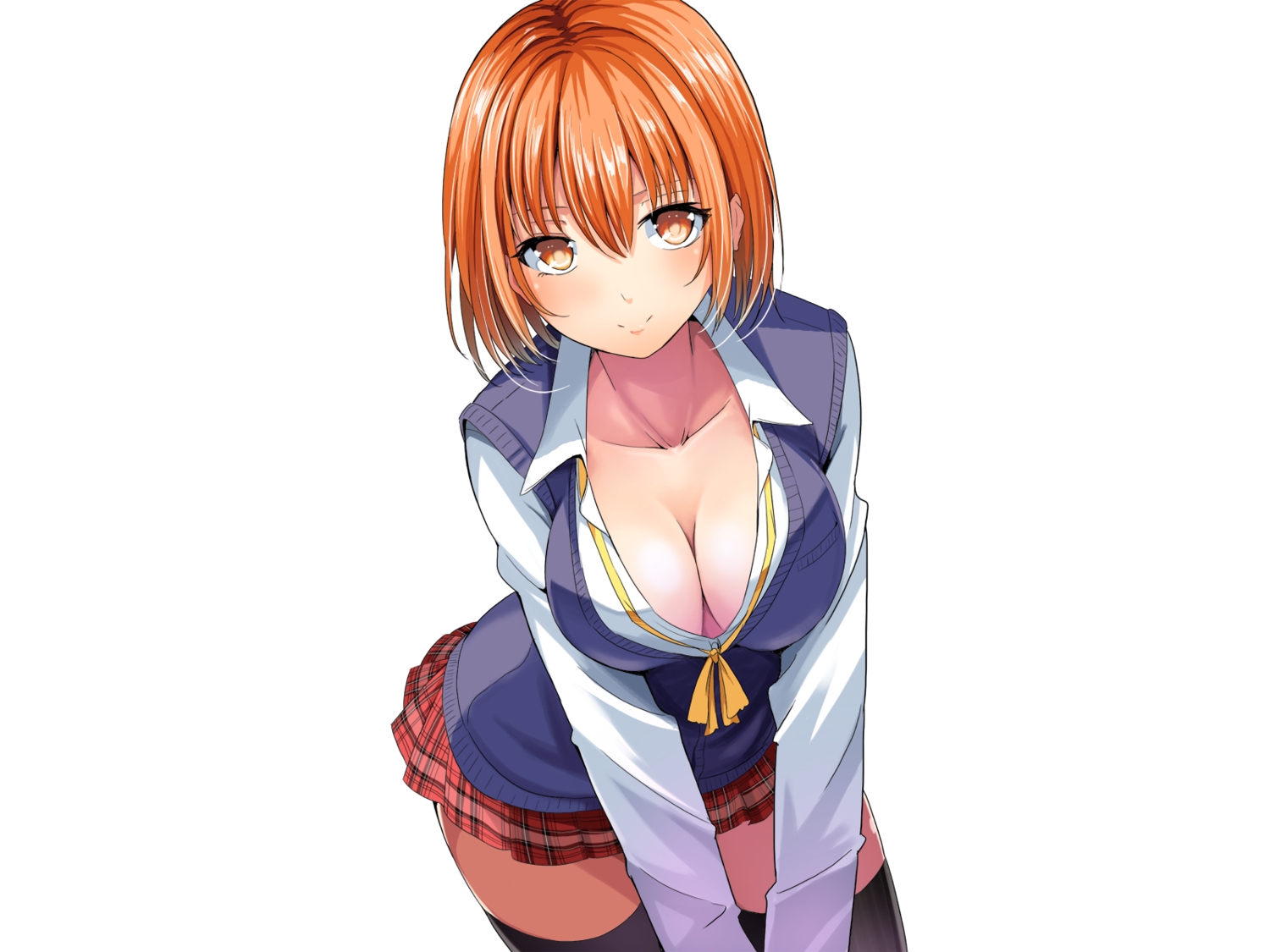 attsun_(atsushi_jb), breasts, cleavage, orange_eyes, orange_hair, original, school_uniform, short_hair, thighhighs, white