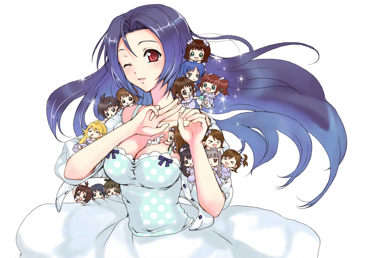 akizuki_ritsuko, akizuki_ryou, amami_haruka, blue_hair, breasts, chibi, cleavage, dress