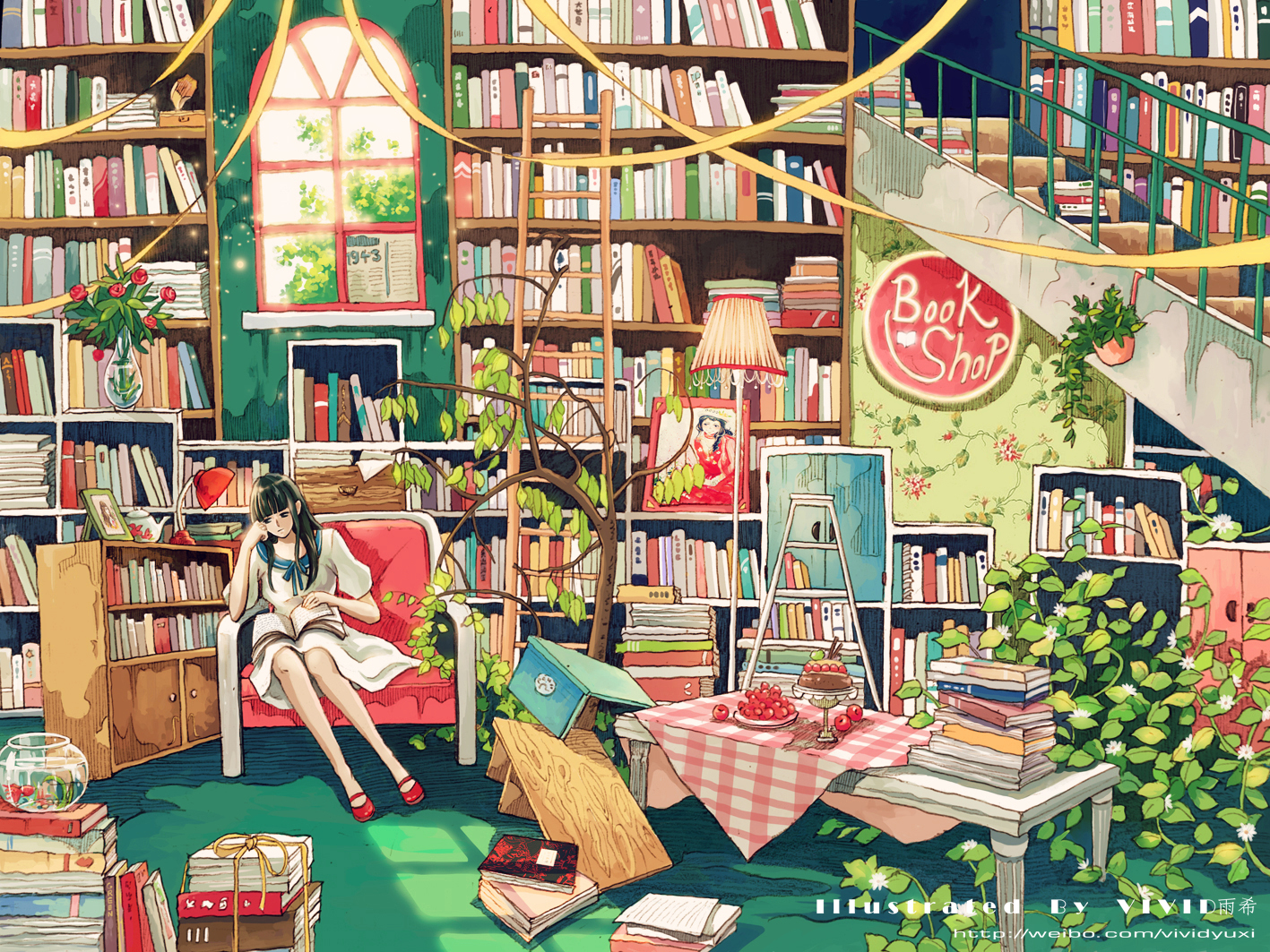 black_eyes, black_hair, book, cake, dress, flowers, food, fruit, long_hair, original, ribbons, school_uniform, skirt, stairs, tree, vividyuxi, watermark