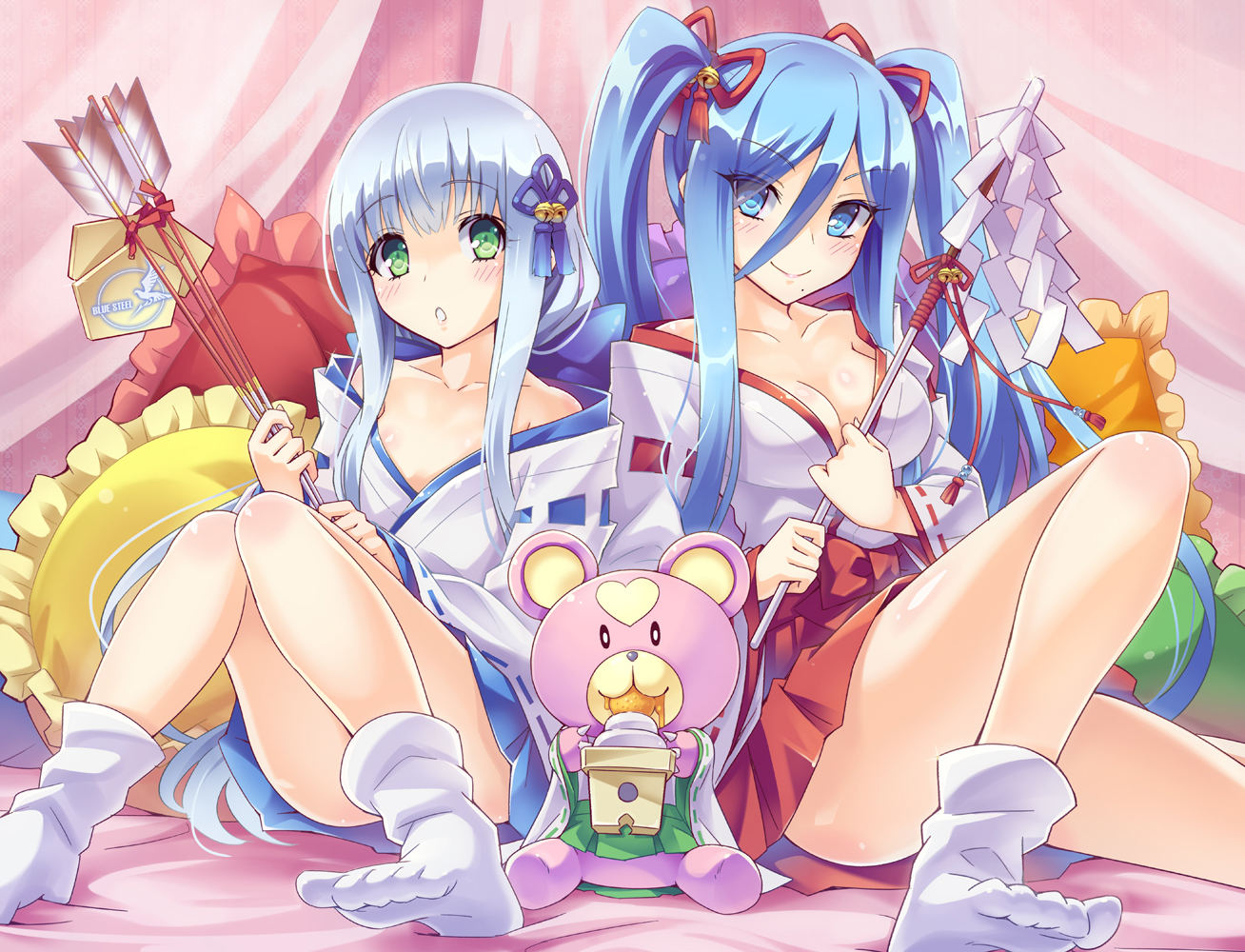 2girls, anthropomorphism, aoki_hagane_no_arpeggio, bell, blue_eyes, blue_hair, blush, bow