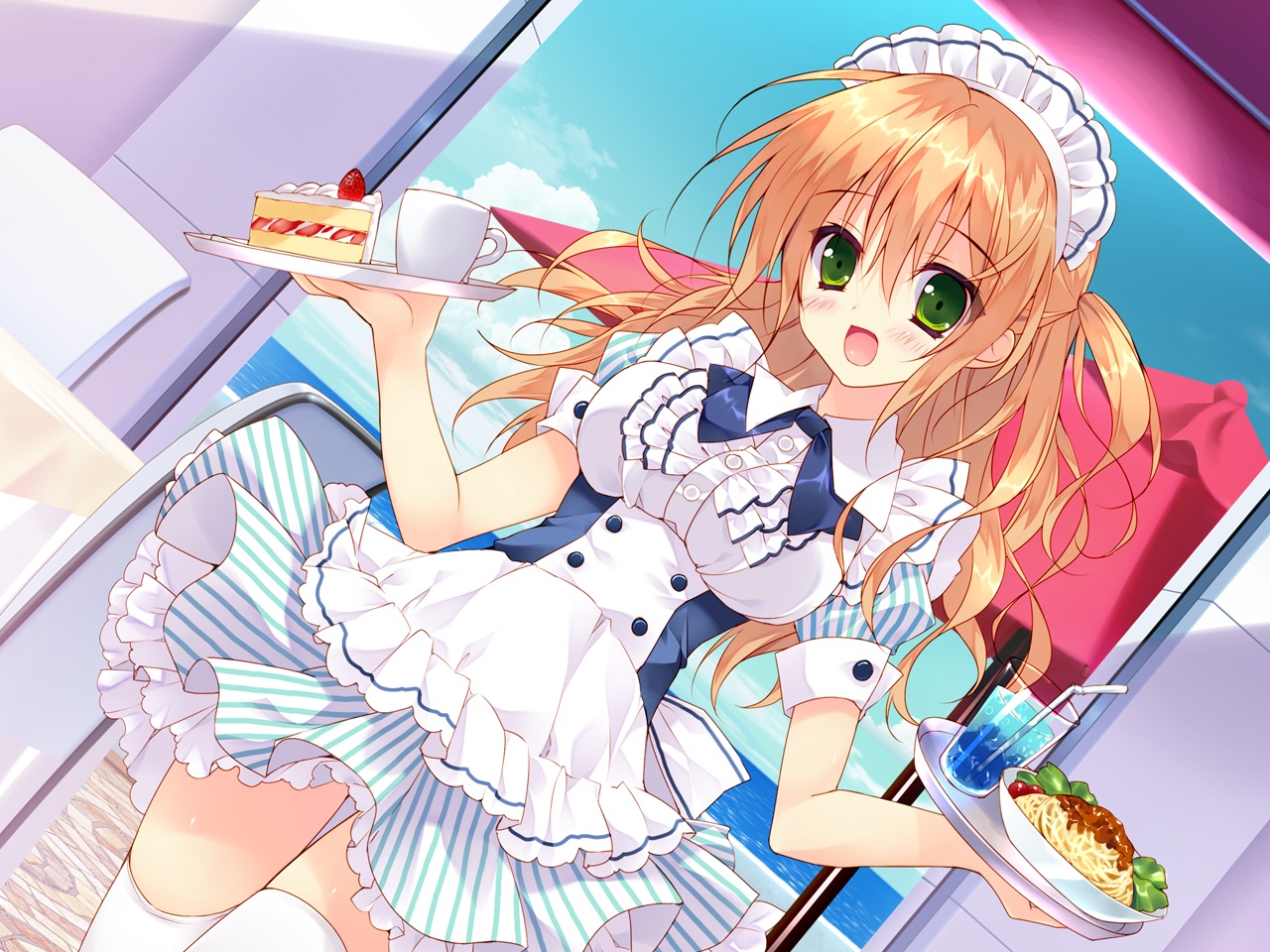 bow, chiisana_kanojo_no_sayokyoku, feng, food, game_cg, green_eyes, headband, hellrun
