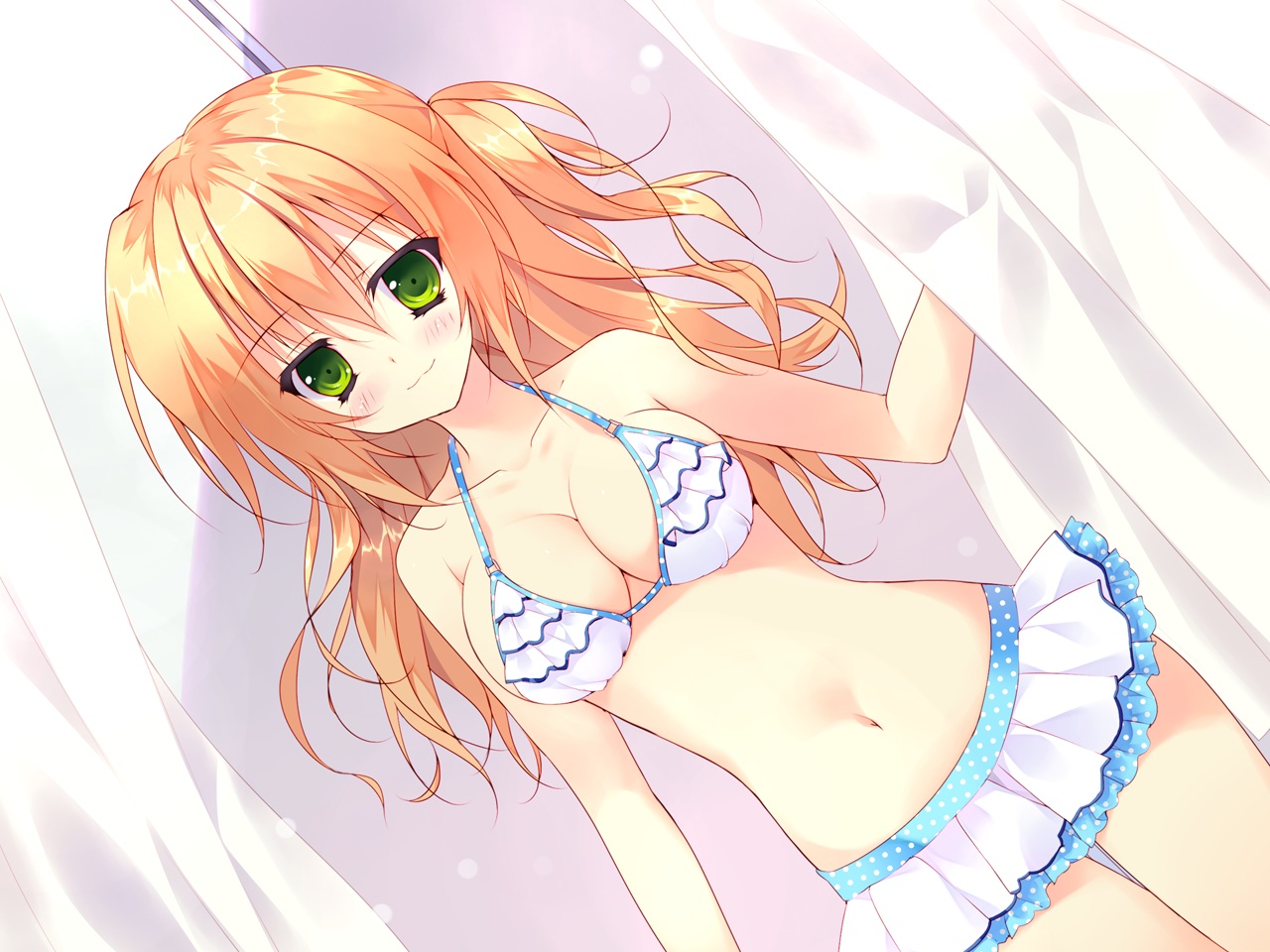 bikini, chiisana_kanojo_no_sayokyoku, feng, game_cg, green_eyes, hellrun, long_hair, moriya_mizuka, navel, orange_hair, swimsuit