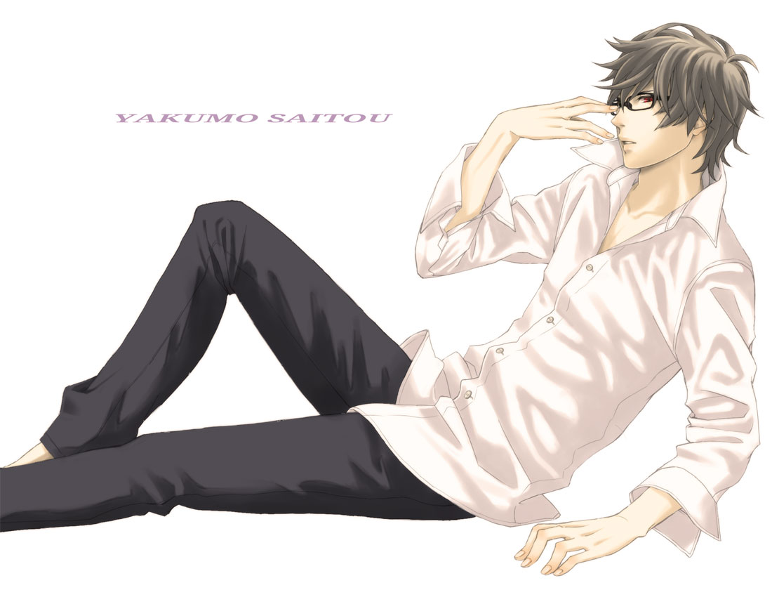 all_male, brown_hair, glasses, jpeg_artifacts, male, red_eyes, saitou_yakumo, sayu_(artist), shinrei_tantei_yakumo, shirt, short_hair