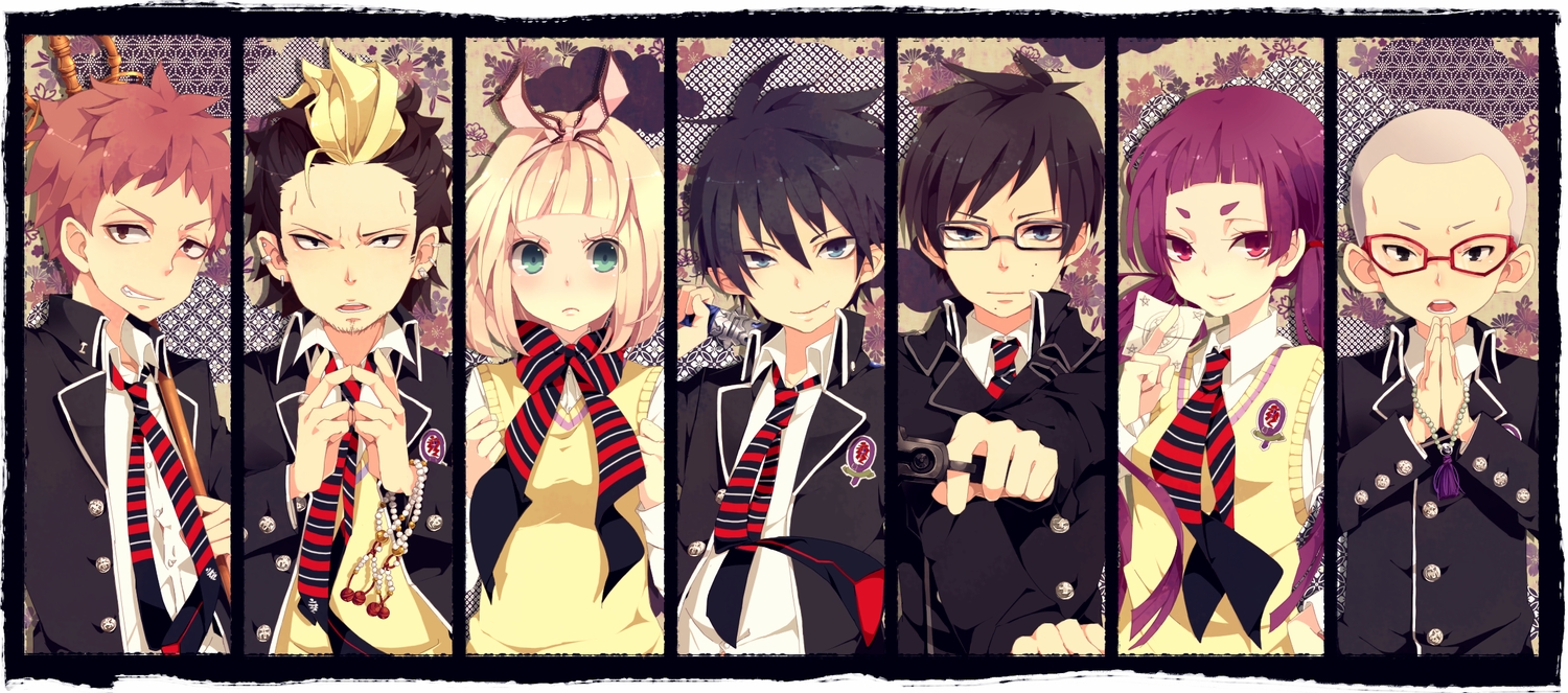 ao_no_exorcist, black_eyes, blue_eyes, bow, glasses, green_eyes, gun, kamiki_izumo