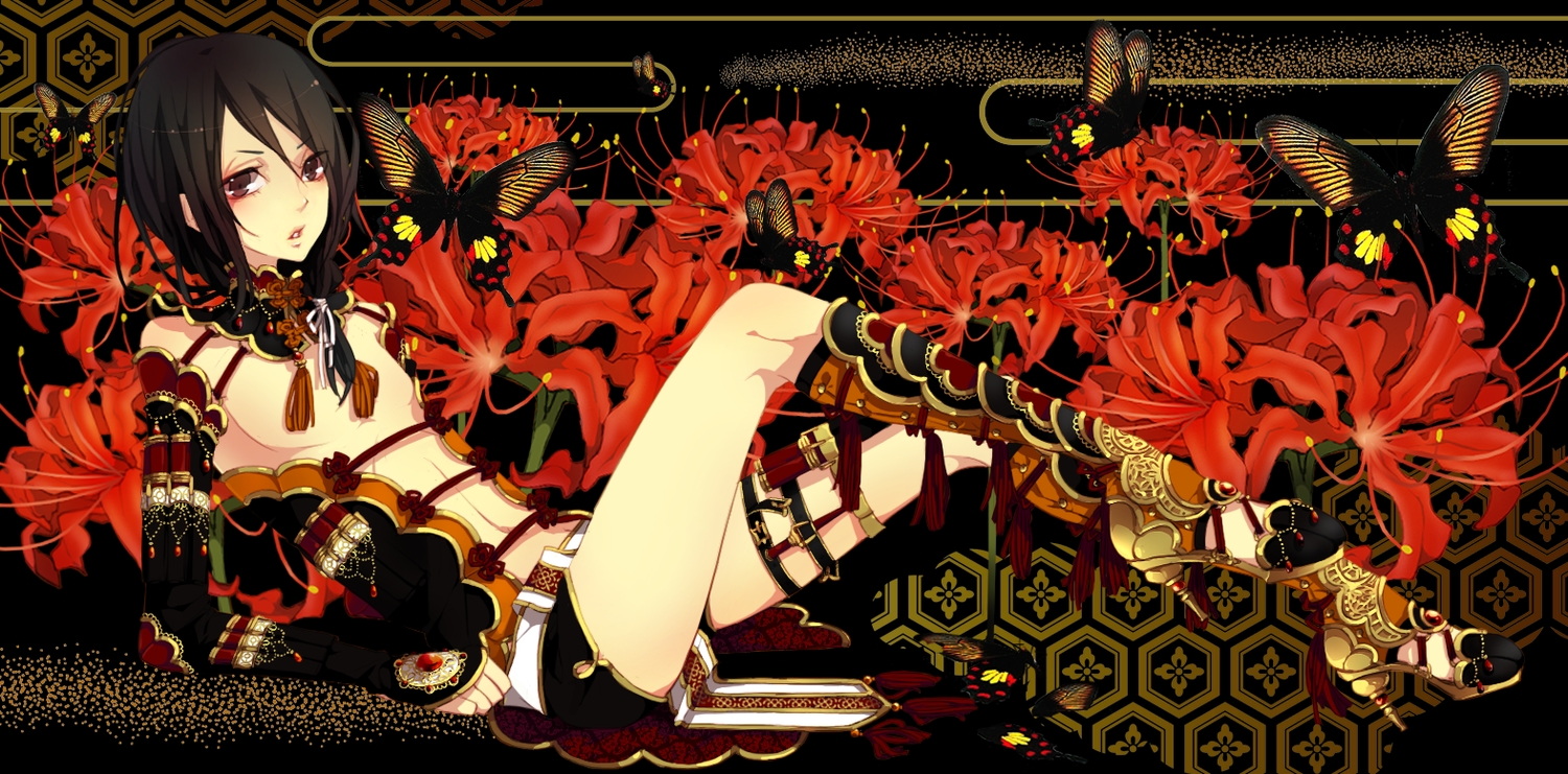 adekan, all_male, black_eyes, black_hair, butterfly, flowers, kneehighs, long_hair, male, otoko_no_ko, shorts, utaoka_(23com), yoshiwara_shiro