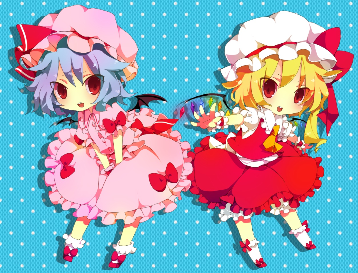 2girls, blonde_hair, blue_hair, bow, chibi, dress, flandre_scarlet, hat