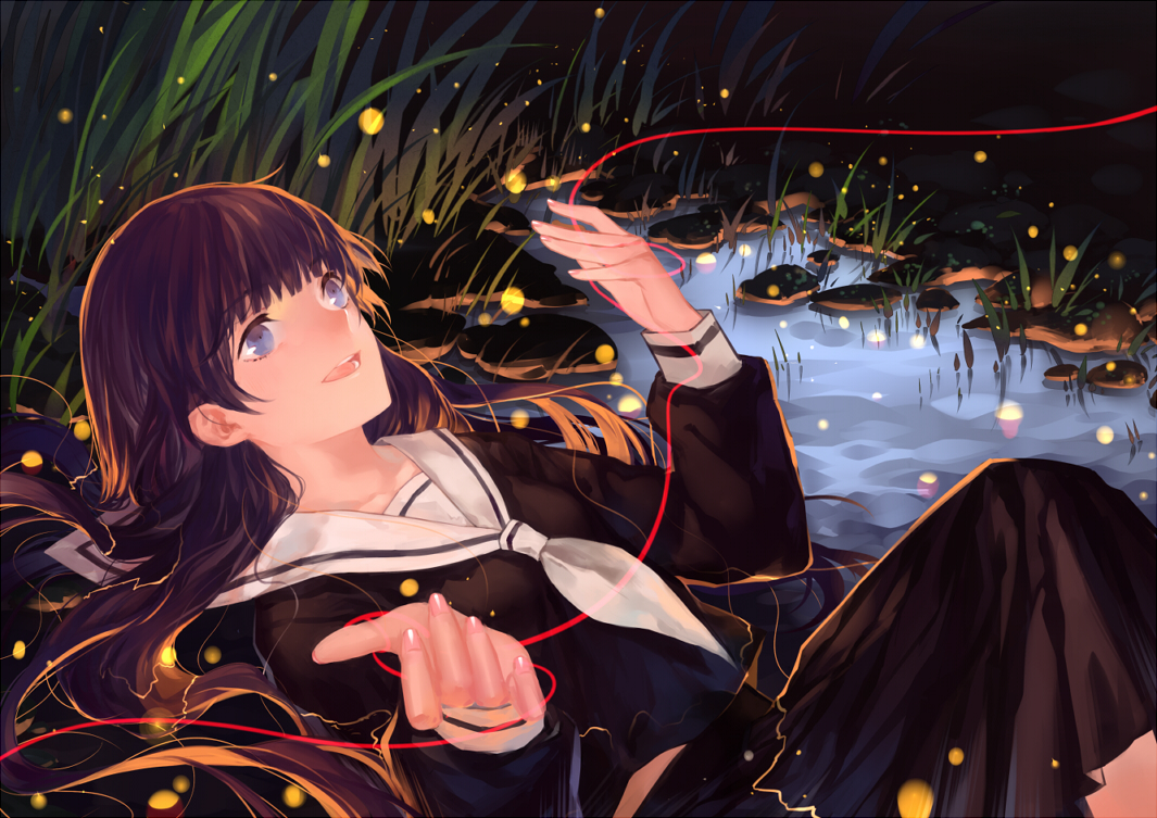 blue_eyes, brown_hair, grass, long_hair, night, original, school_uniform, skirt