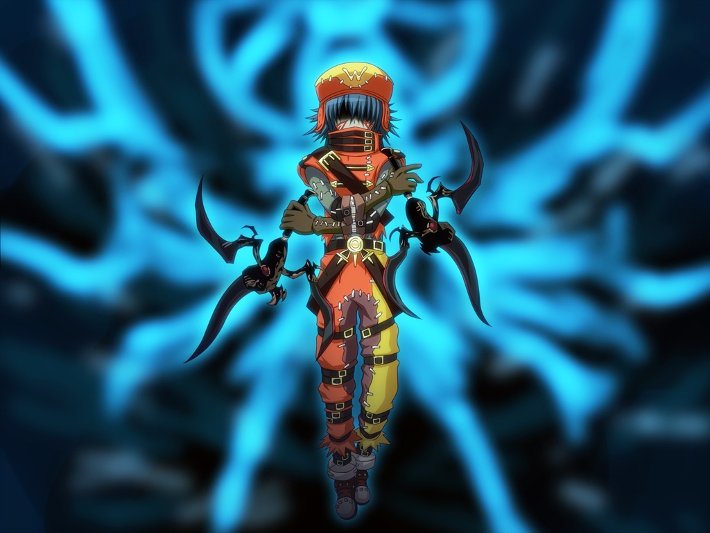 all_male, blue_hair, boots, gloves, .hack//, .hack//g.u., .hack//roots, hat, kagesaki-ice, kite_of_the_azure_flame, male, short_hair, tri-edge, weapon