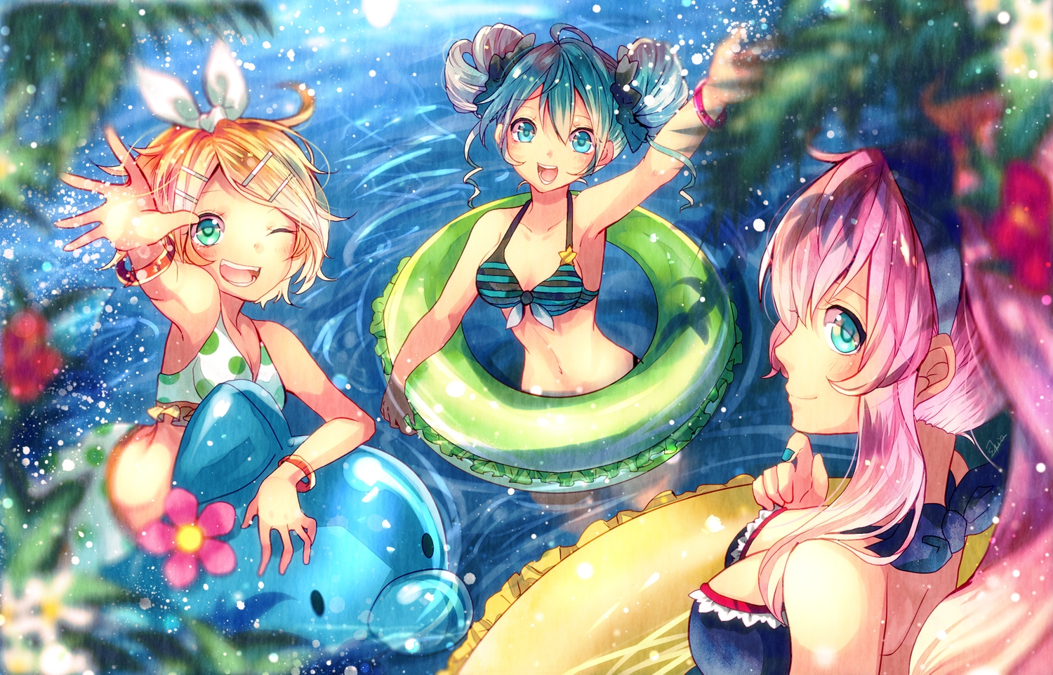 bikini, hatsune_miku, kagamine_rin, megurine_luka, sazanami_shione, swimsuit, vocaloid, water, wink