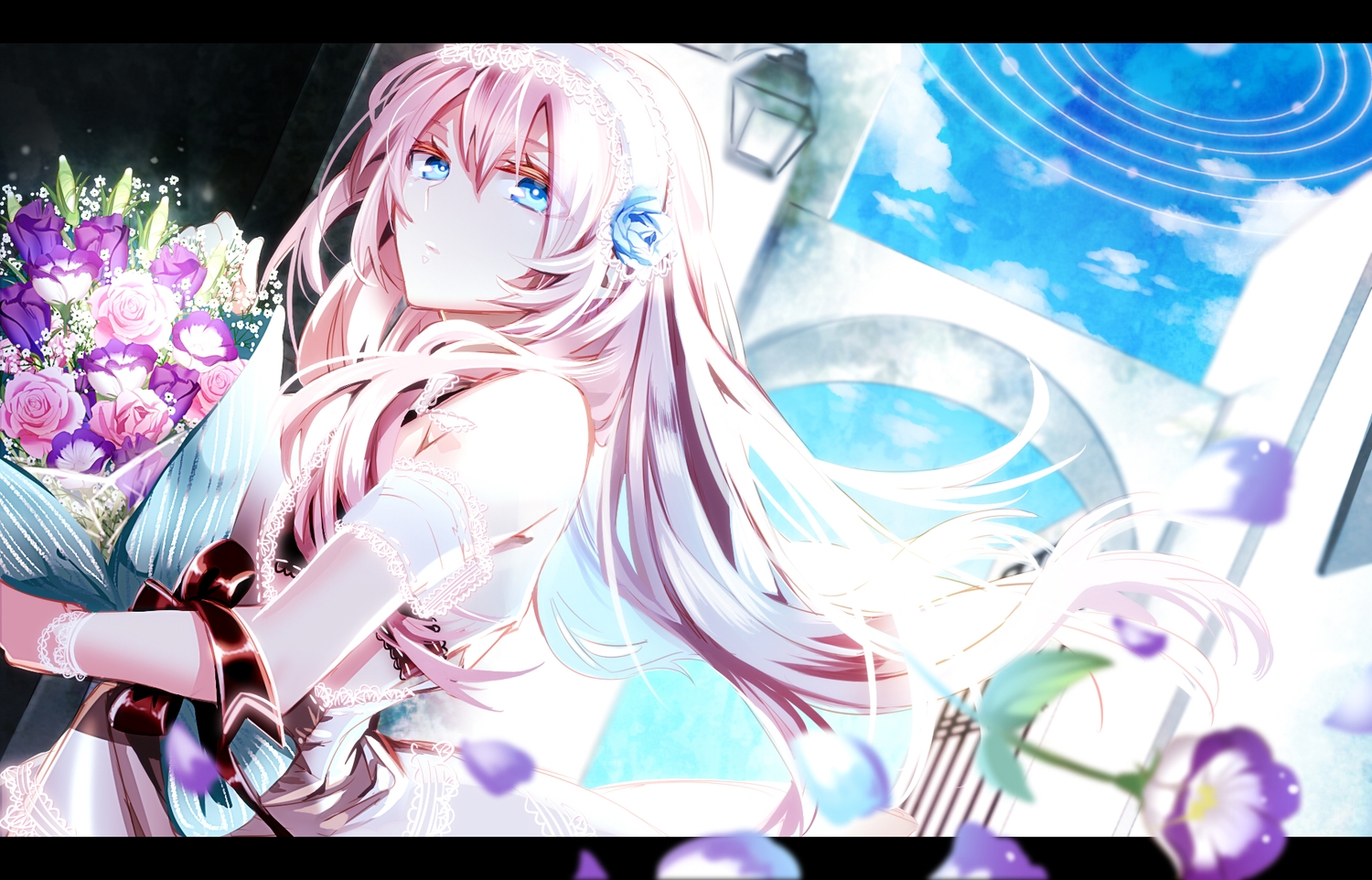 blue_eyes, flowers, long_hair, megurine_luka, mmm-suke, petals, pink_hair, vocaloid