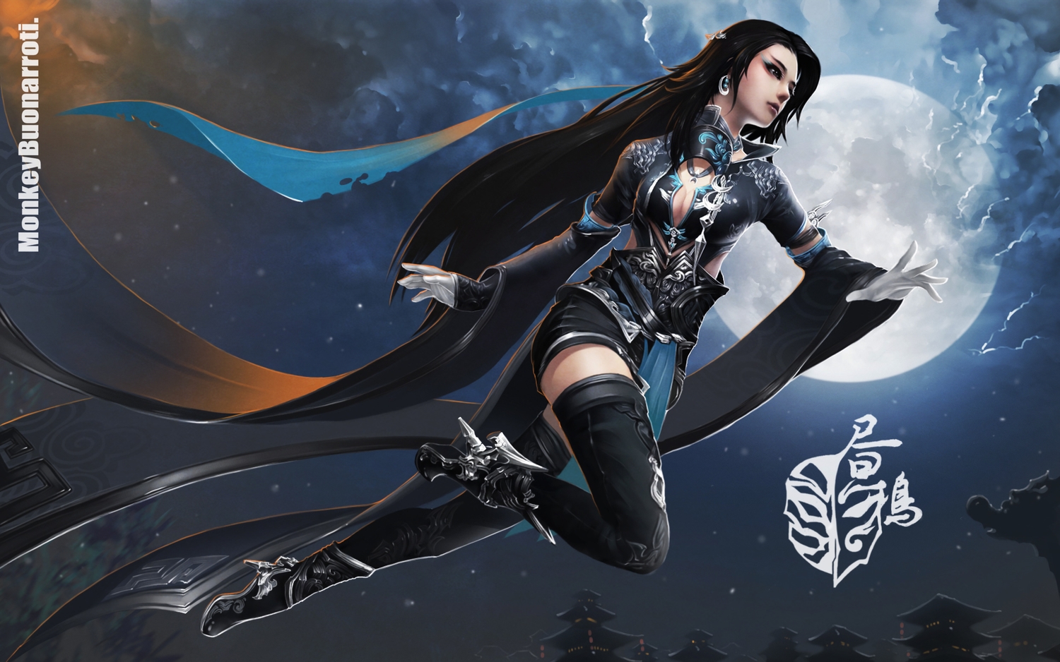 black_hair, jx_online_3, monkey_buonarroti, moon, night