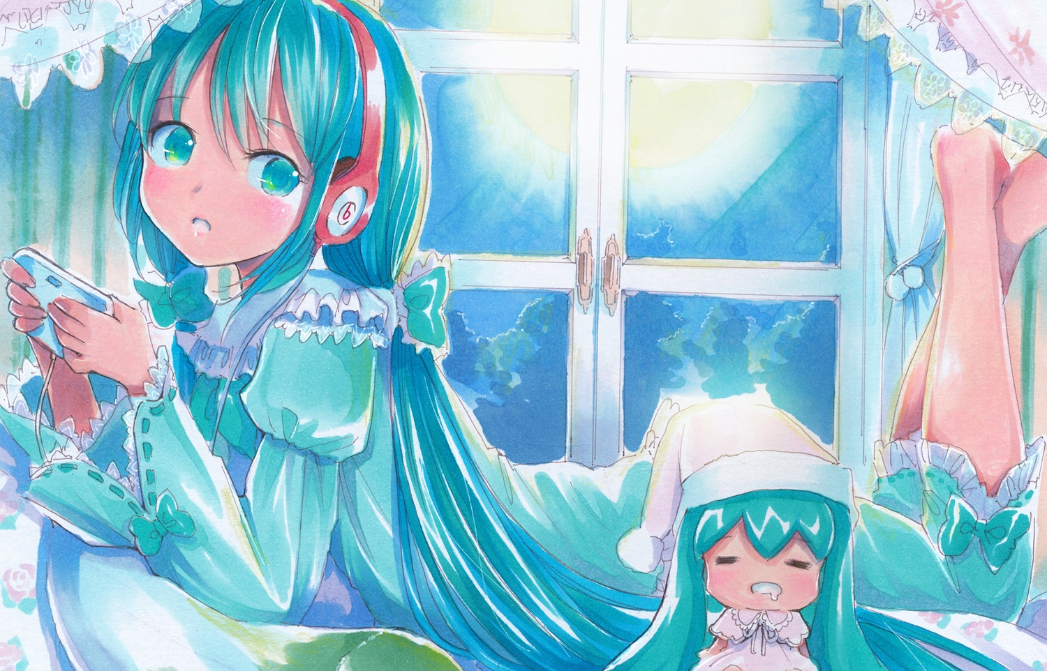 aqua_eyes, aqua_hair, game_console, hatsune_miku, headphones, long_hair, mayo_riyo, vocaloid