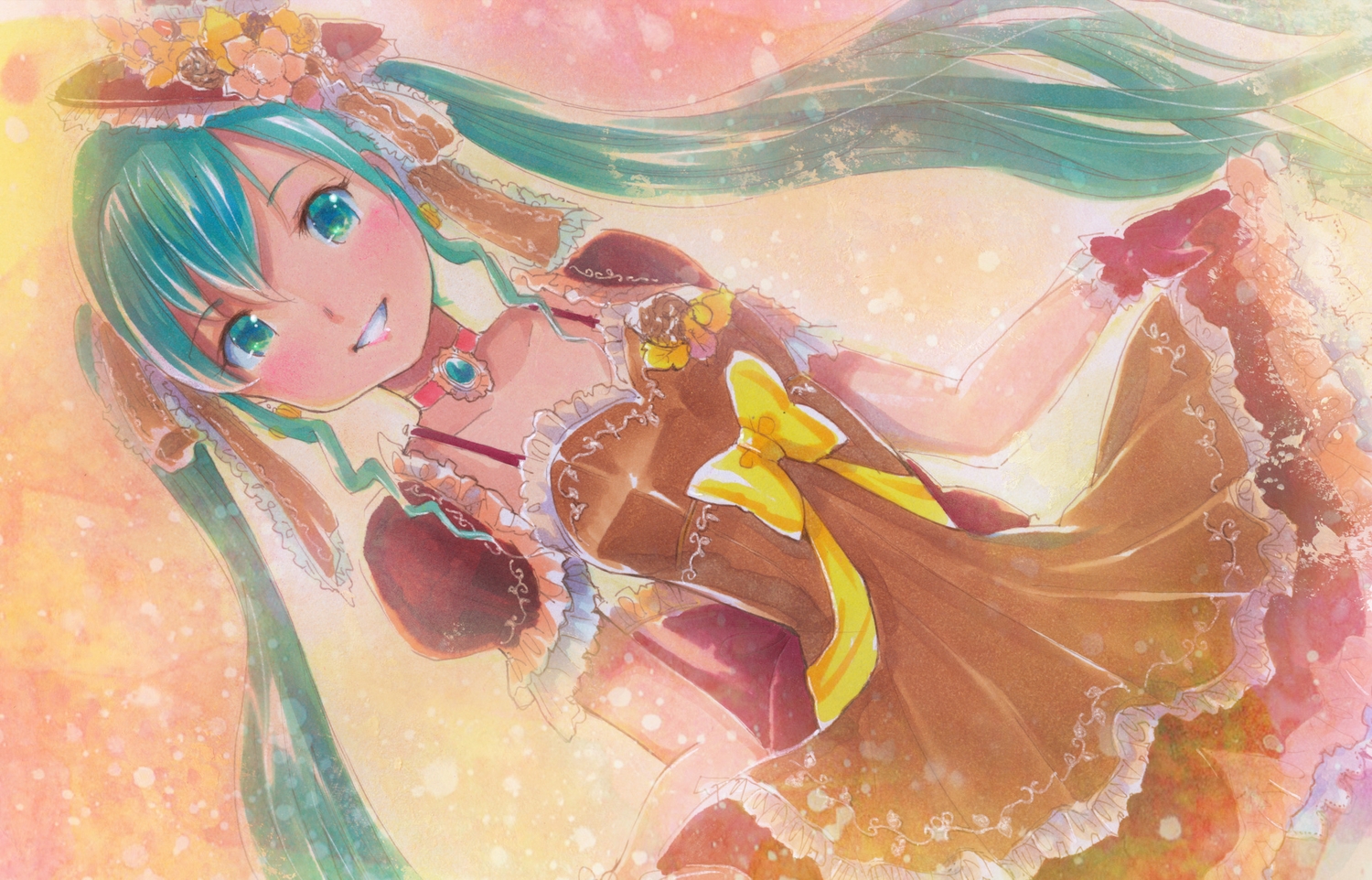 aqua_eyes, aqua_hair, choker, dress, gloves, hatsune_miku, mayo_riyo, twintails