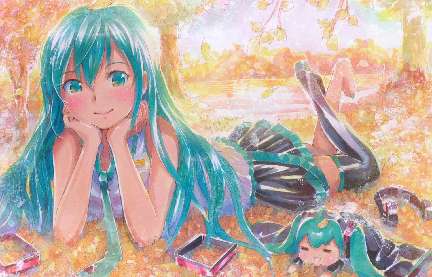 aqua_eyes, aqua_hair, blush, hatsune_miku, leaves, long_hair, mayo_riyo, tie, vocaloid