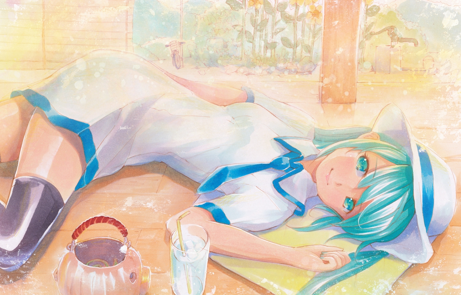 aqua_eyes, aqua_hair, dress, hat, hatsune_miku, mayo_riyo, summer_dress, tie, vocaloid