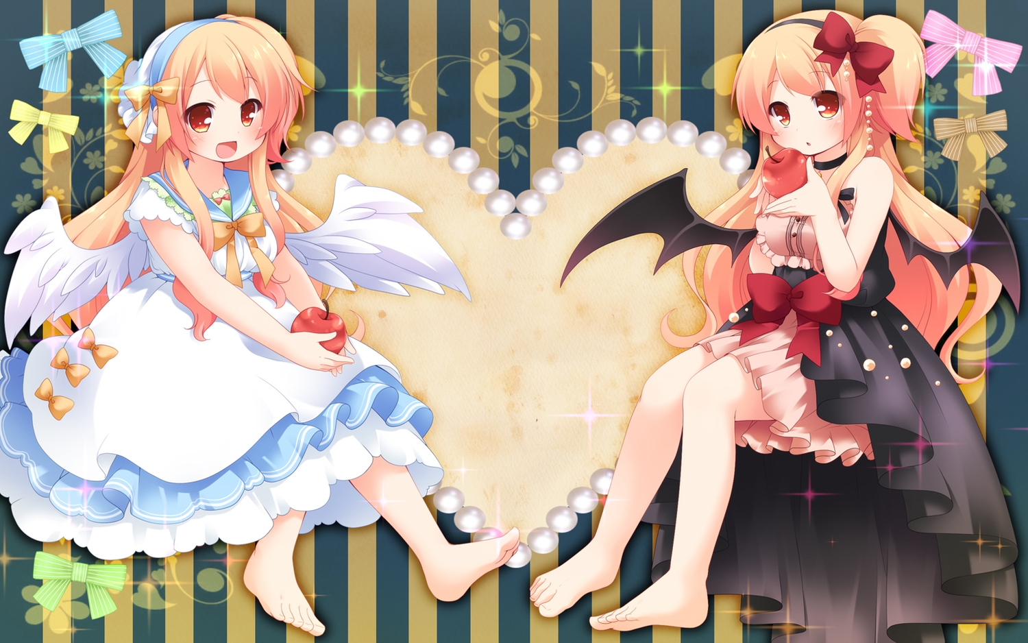 2girls, apple, barefoot, dress, food, fruit, orange_eyes, orange_hair, original, ringo_yuyu, wings