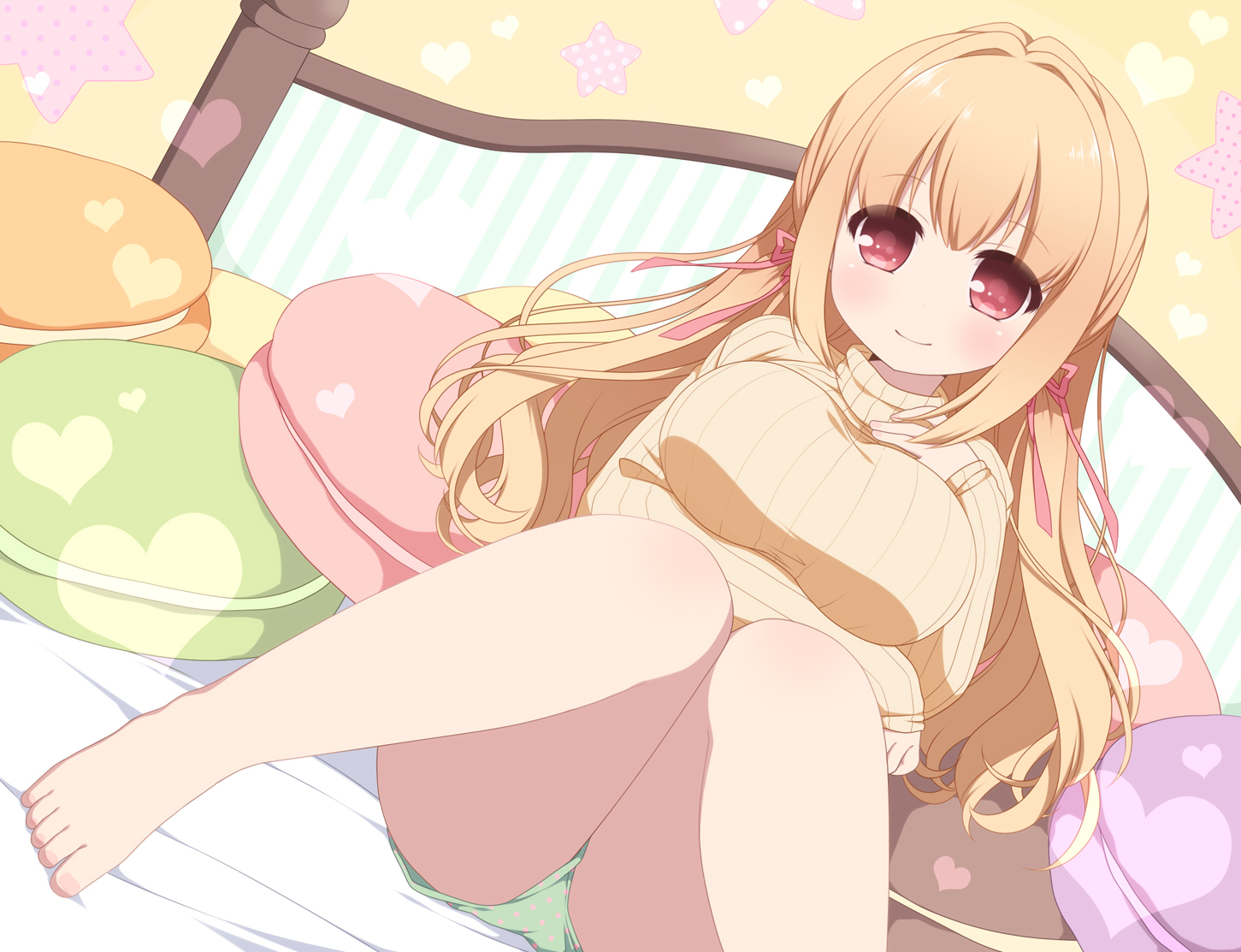 barefoot, bed, blonde_hair, blush, long_hair, original, red_eyes, ringo_yuyu