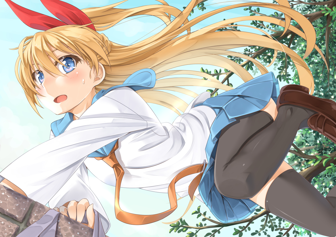 blonde_hair, blue_eyes, blush, bow, kirisaki_chitoge, long_hair, miri_(ago550421), nisekoi, school_uniform, thighhighs, tie