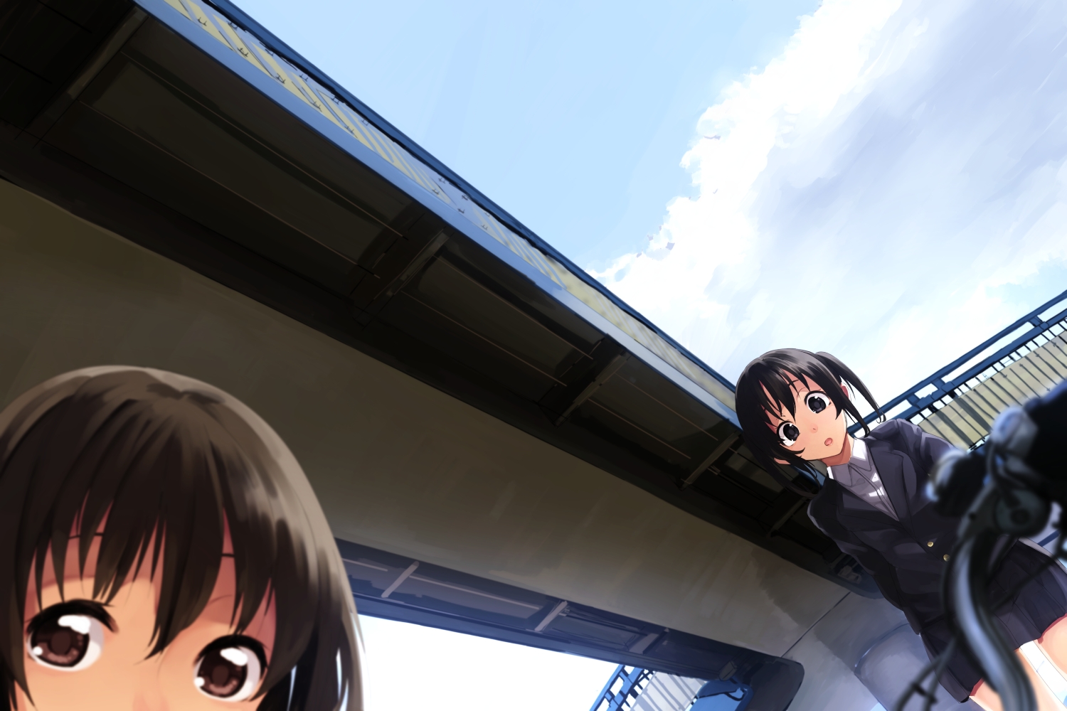 2girls, akagi_asahito, black_eyes, black_hair, brown_eyes, brown_hair, original, school_uniform