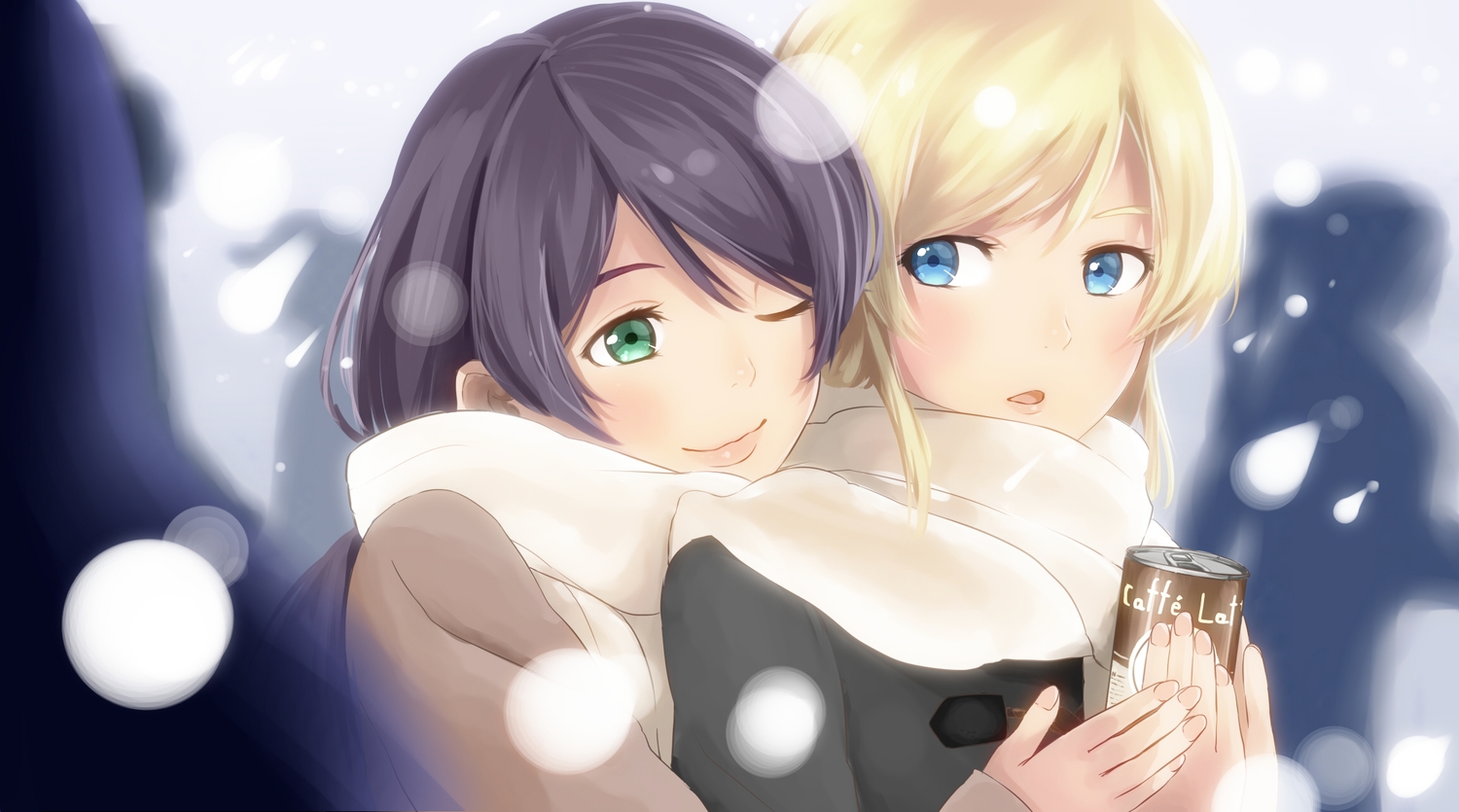 2girls, ayase_eri, black_hair, blonde_hair, blue_eyes, green_eyes, hug, kento1102, love_live!_school_idol_project, scarf, shoujo_ai, toujou_nozomi, wink