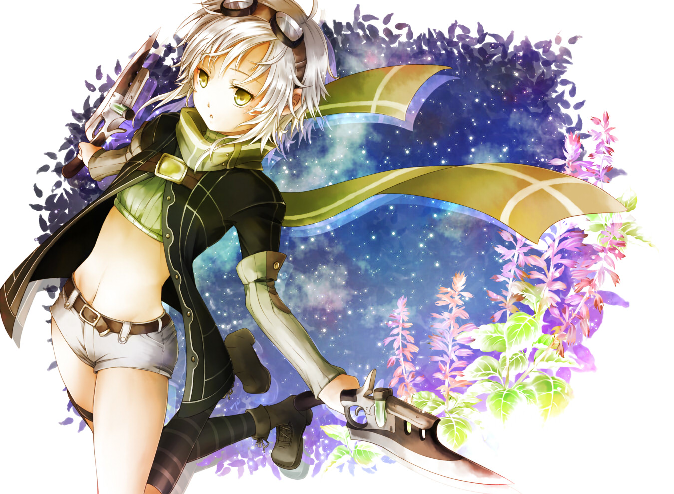 eiyuu_densetsu, fie_claussell, flowers, goggles, jpeg_artifacts, kneehighs, navel, scarf, sen_no_kiseki, short_hair, ssscheme, sword, weapon, white_hair, yellow_eyes