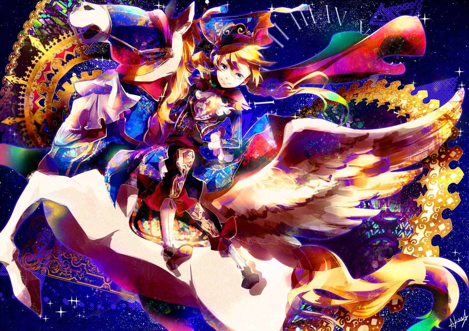 alyssa718, animal, blonde_hair, blue_eyes, horse, original, wings