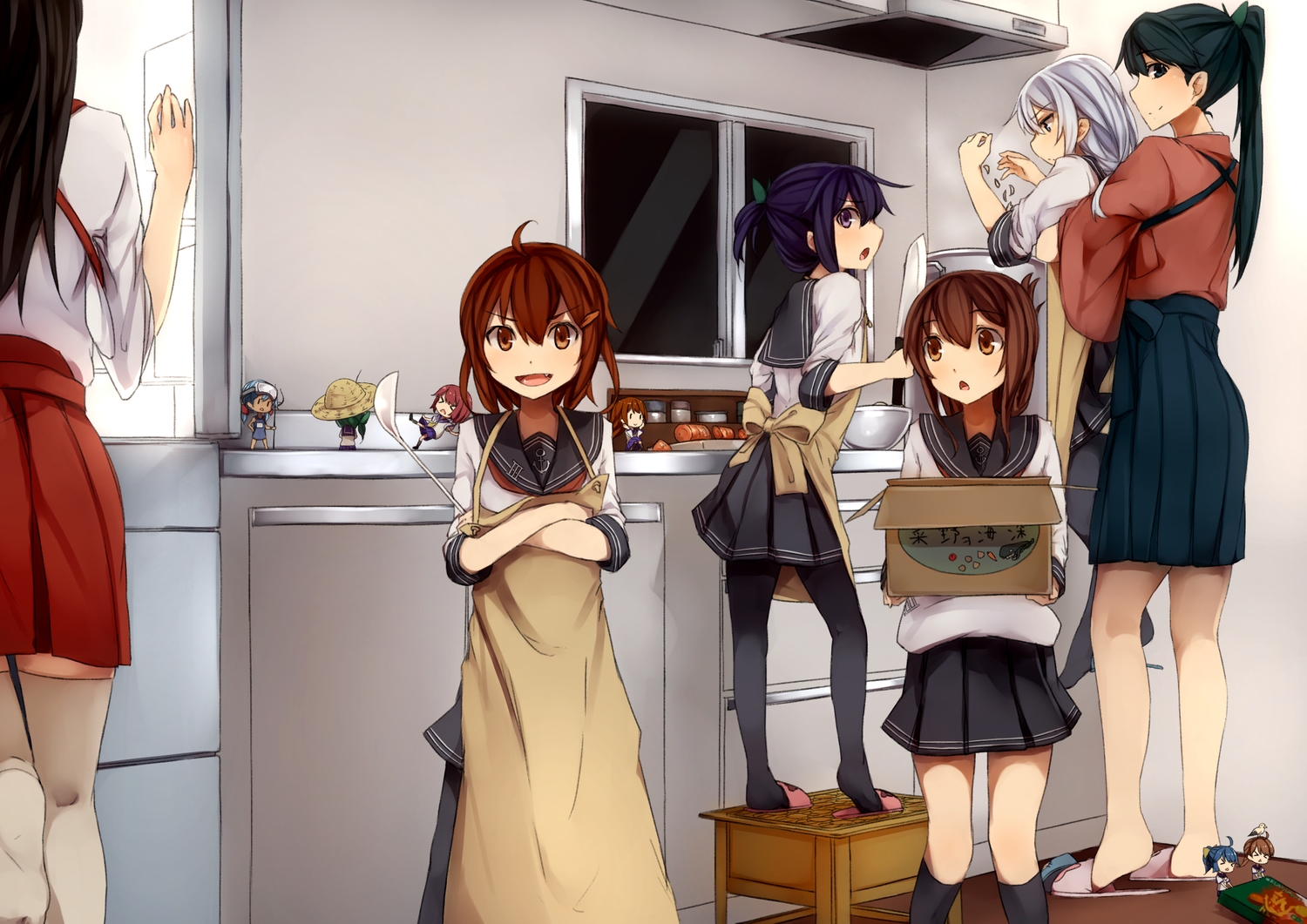 akagi_(kancolle), akatsuki_(kancolle), anthropomorphism, apron, black_eyes, black_hair, blue_eyes, blue_hair