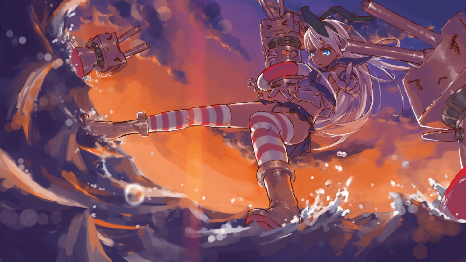 anthropomorphism, aqua_eyes, boots, clouds, dan_vanilin, elbow_gloves, gloves, headband, kantai_collection, long_hair, navel, rensouhou-chan, shimakaze_(kancolle), skirt, thighhighs, water, white_hair