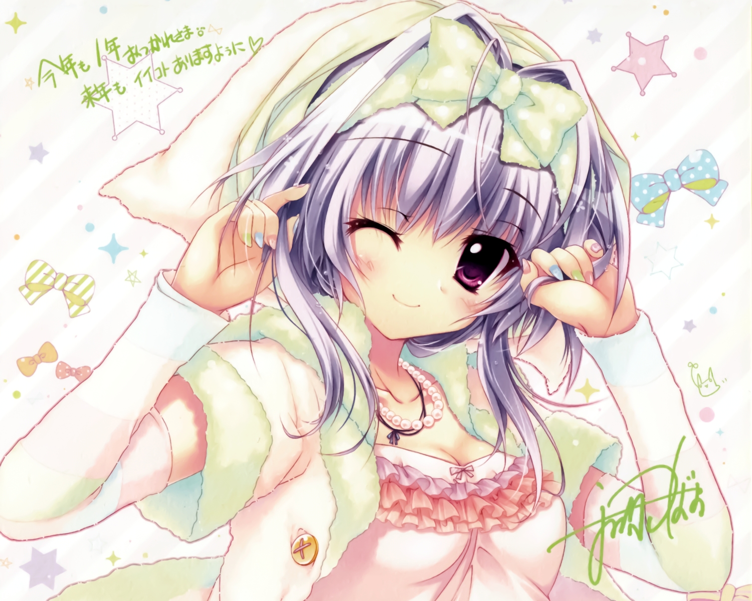 blush, gray_hair, hisuitei, izumi_tsubasu, necklace, original, pink_eyes, signed