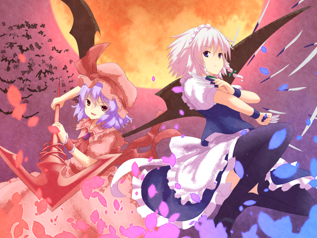 2girls, apron, blue_hair, gray_hair, hakuto_(28syuku), hat, izayoi_sakuya, maid