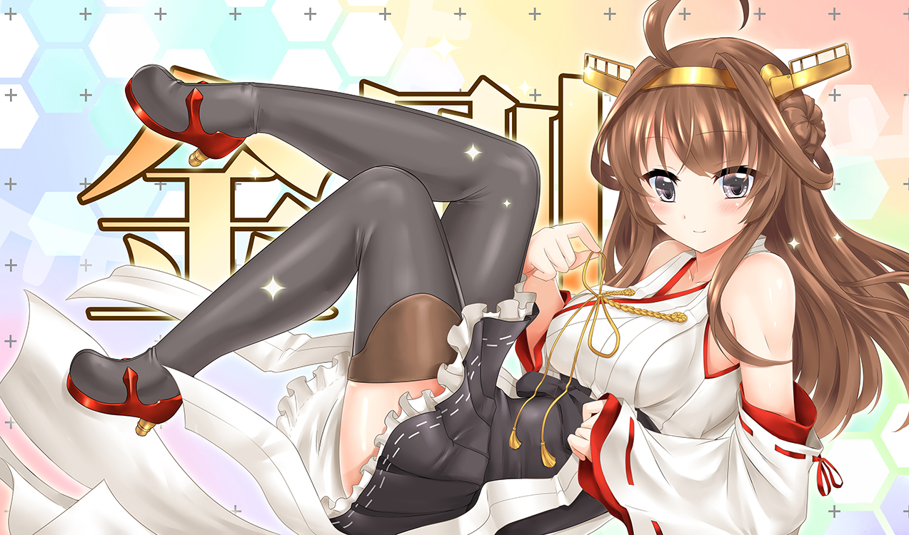 anthropomorphism, black_eyes, blush, brown_hair, headband, japanese_clothes, kantai_collection, kongou_(kancolle)