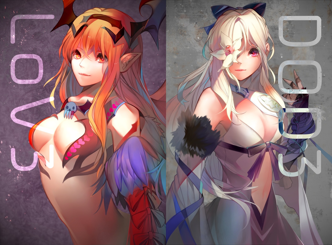 demon, drag-on_dragoon, fumoe, lord_of_vermilion, navel, orange_eyes, orange_hair, pink_eyes, pointed_ears, succubus, white_hair, zero_(drag-on_dragoon)