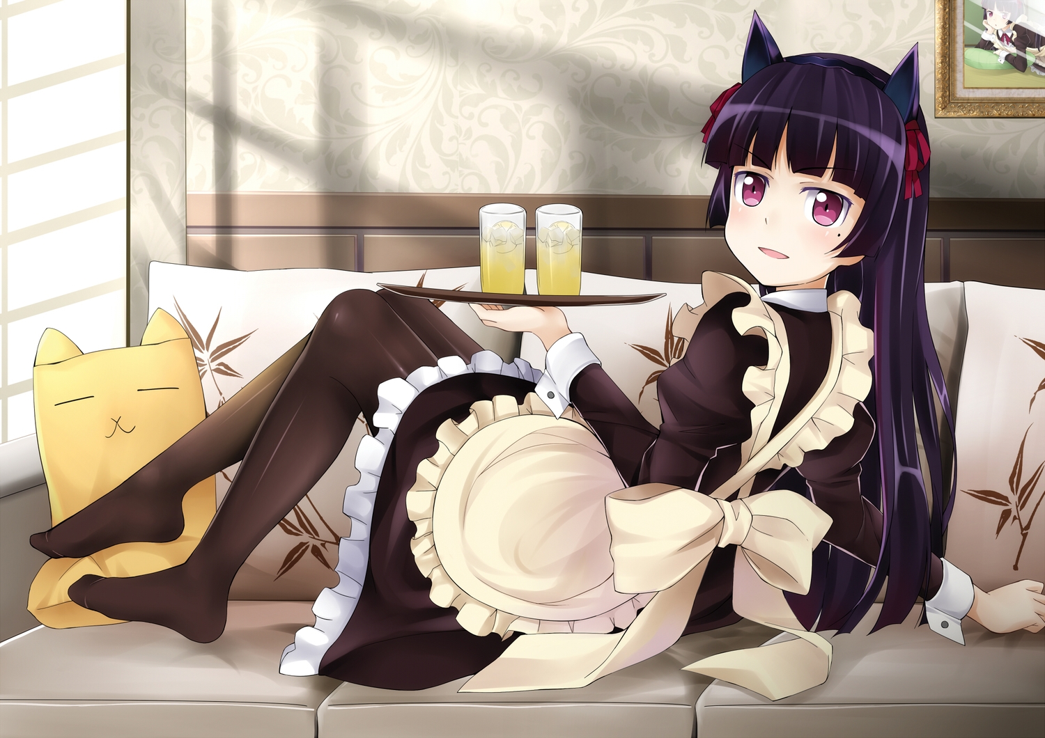 animal_ears, black_hair, bow, couch, drink, gokou_ruri, long_hair, maid