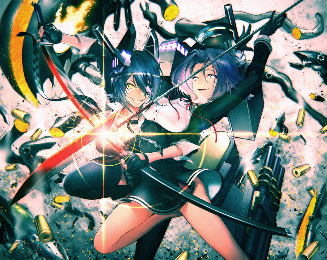 2girls, anthropomorphism, blue_hair, eyepatch, gloves, halo, kantai_collection, kodama_(wa-ka-me)
