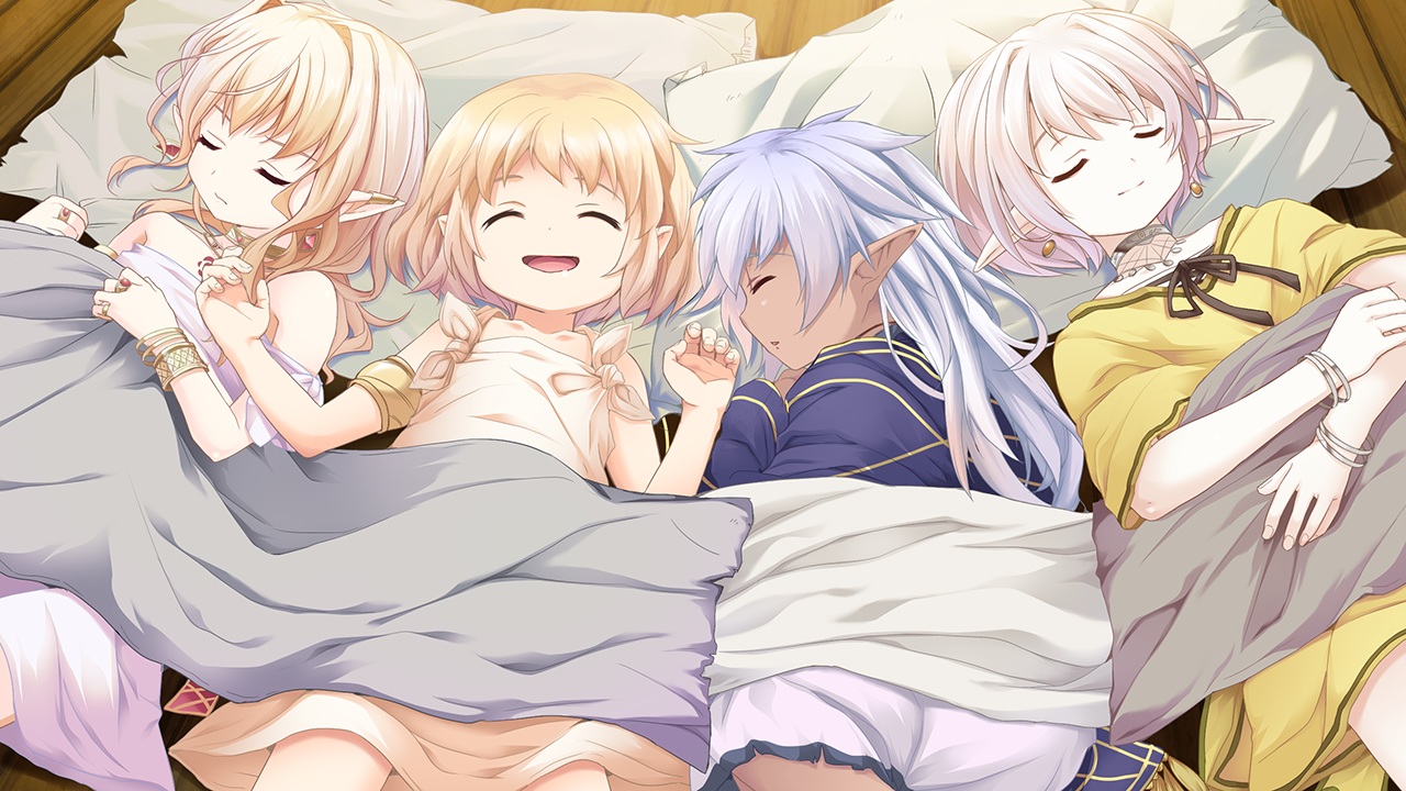 all_male, blonde_hair, blue_hair, game_cg, group, hinata_(hinata_no_tsuki), hinata_no_tsuki, ibara_(hinata_no_tsuki), konomi_(hinata_no_tsuki), loli, long_hair, male, otoko_no_ko, pointed_ears, short_hair, sleeping, tsukiyo_(hinata_no_tsuki)