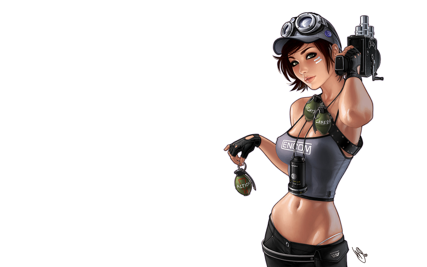 breasts, brown_hair, camera, gloves, goggles, hat, realistic, signed, warren_louw, weapon, white