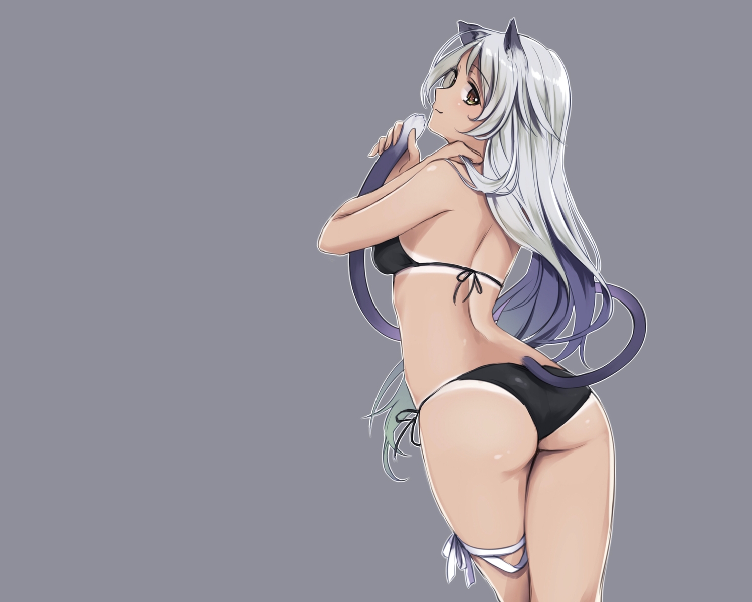 animal_ears, bikini, brown_eyes, catgirl, gray, gray_hair, long_hair, original, swimsuit, tail, takeuchi_aya, tan_lines