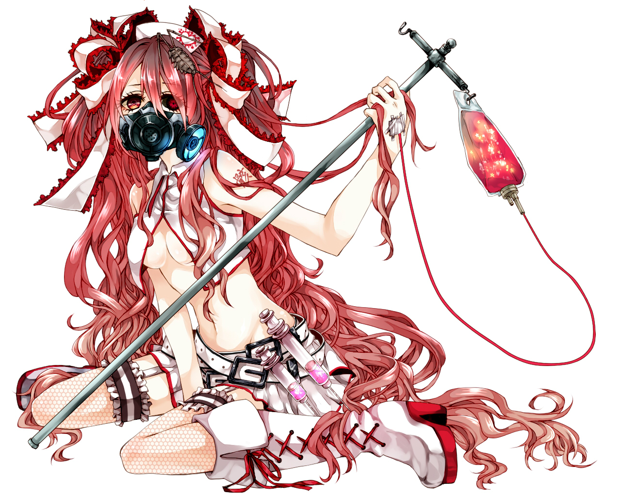 boots, breasts, calne_ca, cleavage, conomi-c5, hatsune_miku, long_hair, mask, navel, nurse, open_shirt, red_eyes, red_hair, ribbons, stockings, vocaloid